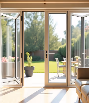 A set of modern, dark-framed bifold doors with multiple glass panels opens to an outdoor patio with a seating area.