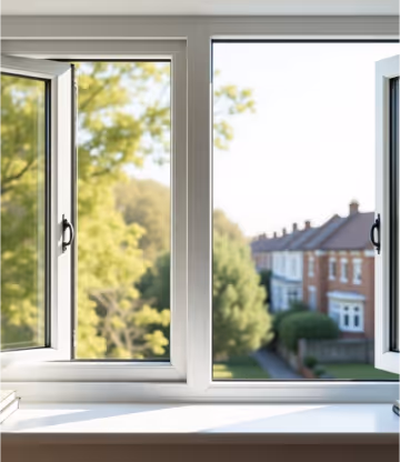 A close-up of a white UPVC tilt and turn window with two opening panes.