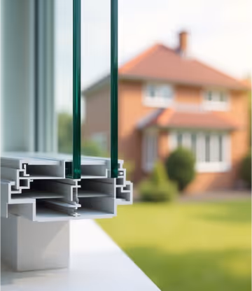  A close-up of a white UPVC window with a single pane, reflecting the sky and trees.