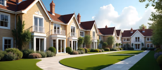 a row of traditional brick houses with red roofs and a manicured green lawn