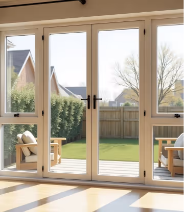 White-framed French doors open onto a bright backyard with a green lawn, wooden fence, and outdoor furniture.