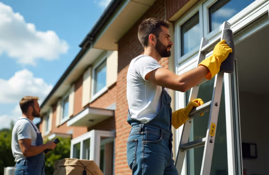 Two men in overalls and yellow gloves are working on windows of a brick house, one on a ladder, the other standing nearby.