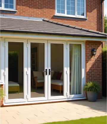  A set of white-framed French doors with glass panels and two narrow side panels.