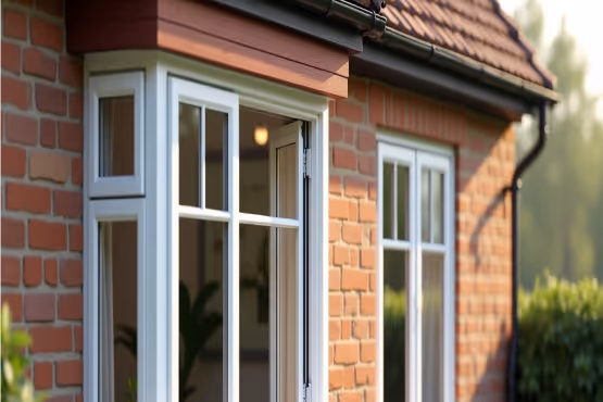  A row of three white double-glazed casement windows on a brick wall, with the leftmost window open.