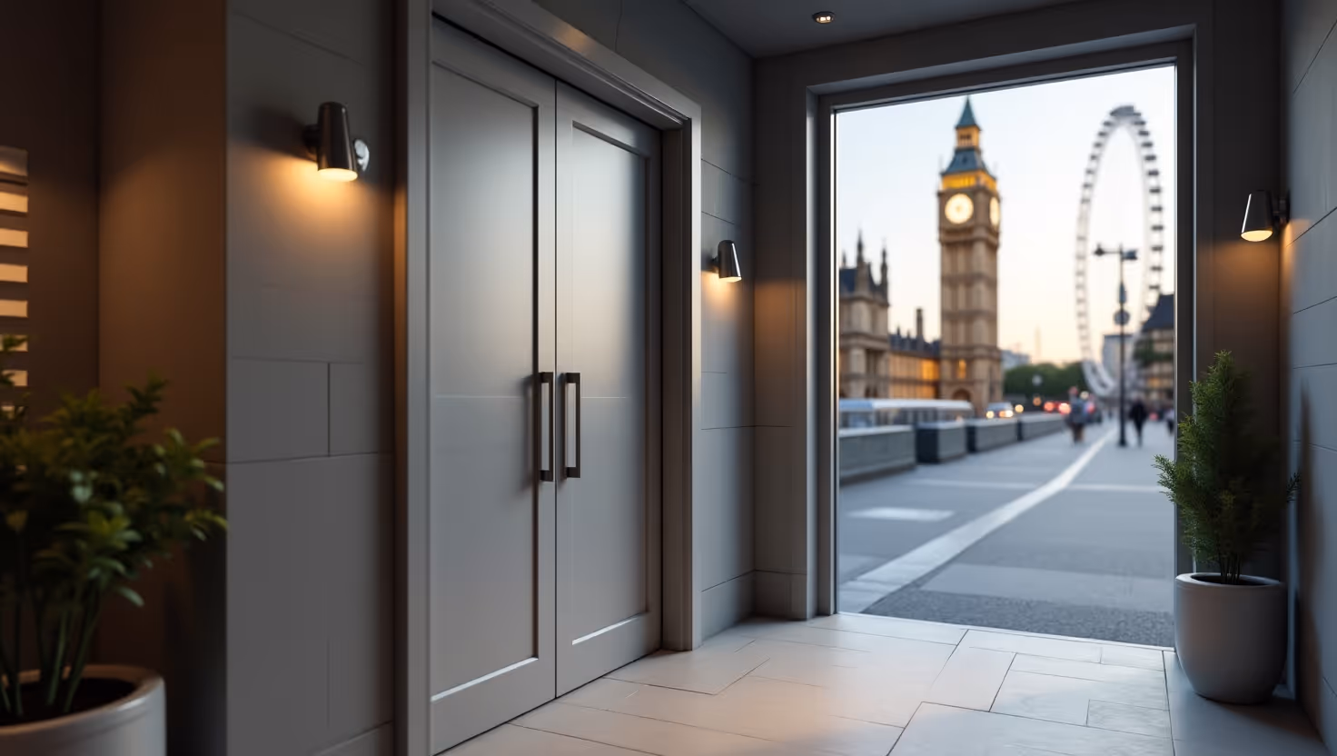 Sleek double doors in a modern hallway with exterior view.