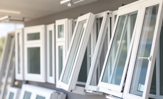 A row of new white window frames with glass panes are displayed vertically.