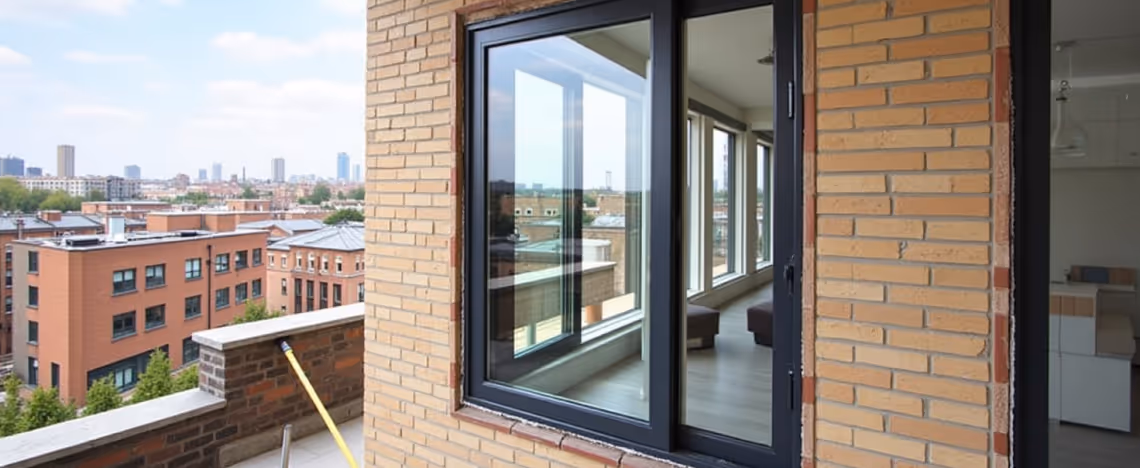 A close-up of a modern building facade with dark-framed windows and a glass sliding door, looking out from a balcony with a brick railing towards a city skyline.