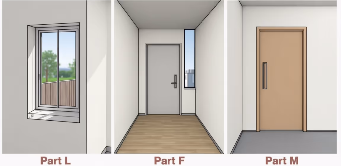 Three digital renderings depict architectural elements: a window with an outdoor view, an interior hallway with a light gray door and narrow window, and a light brown door with a long handle.