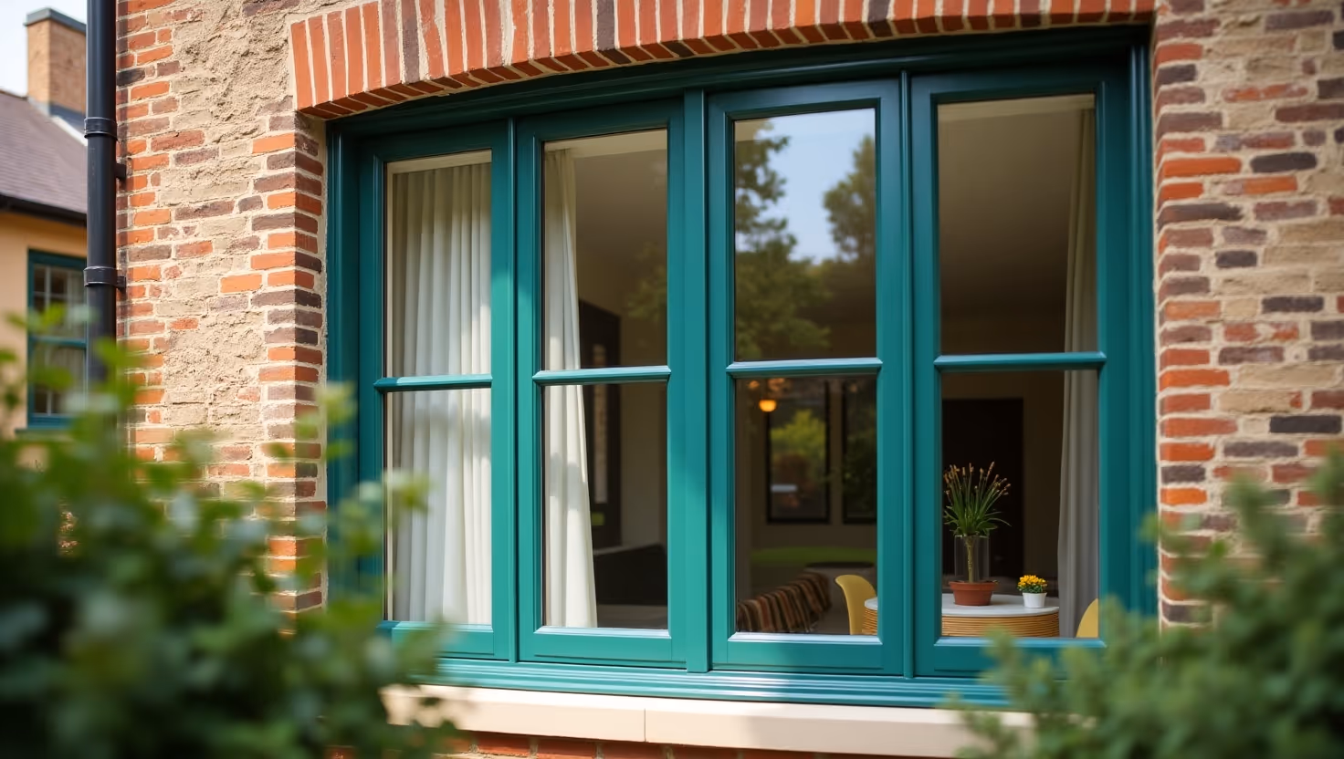 Green-framed window on a red brick wall, showing interior dining space.