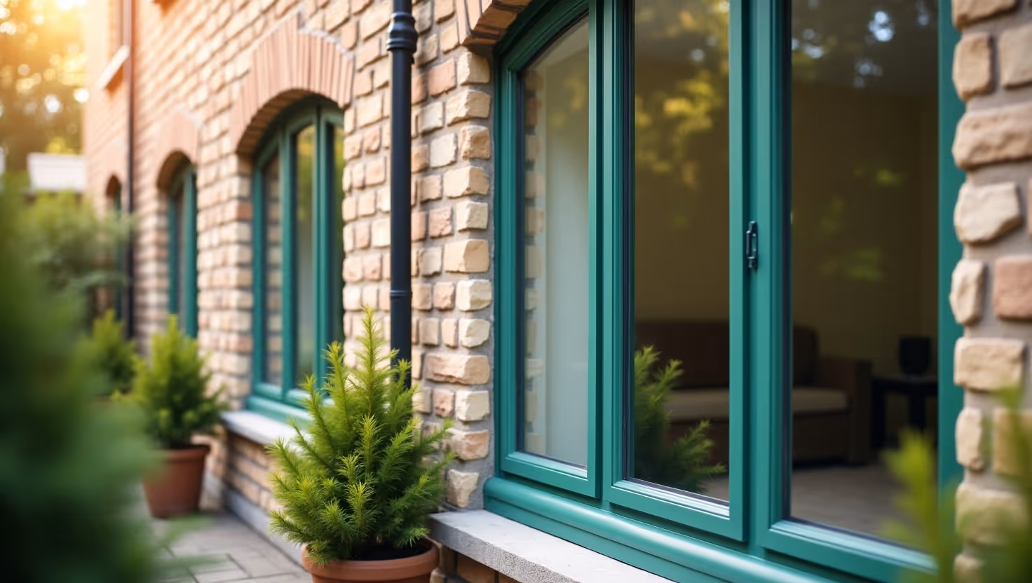Green-framed residential window set in a brick wall with outdoor plants.