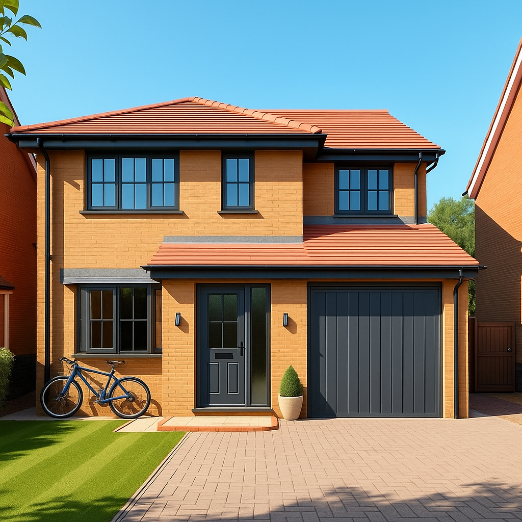 The same two-story house with a grey window frames, grey garage door and a grey front door. 