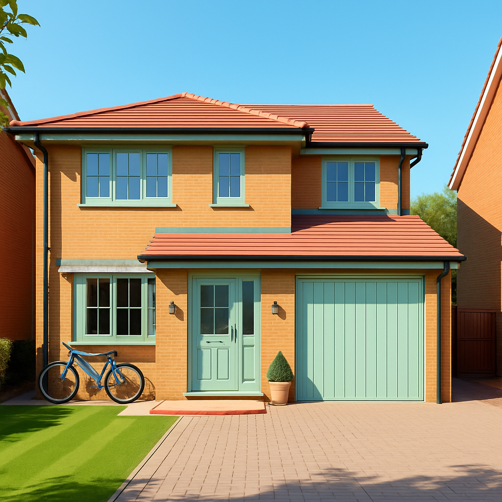 The same two-story house with a green window frames, green garage door and a green front door. 