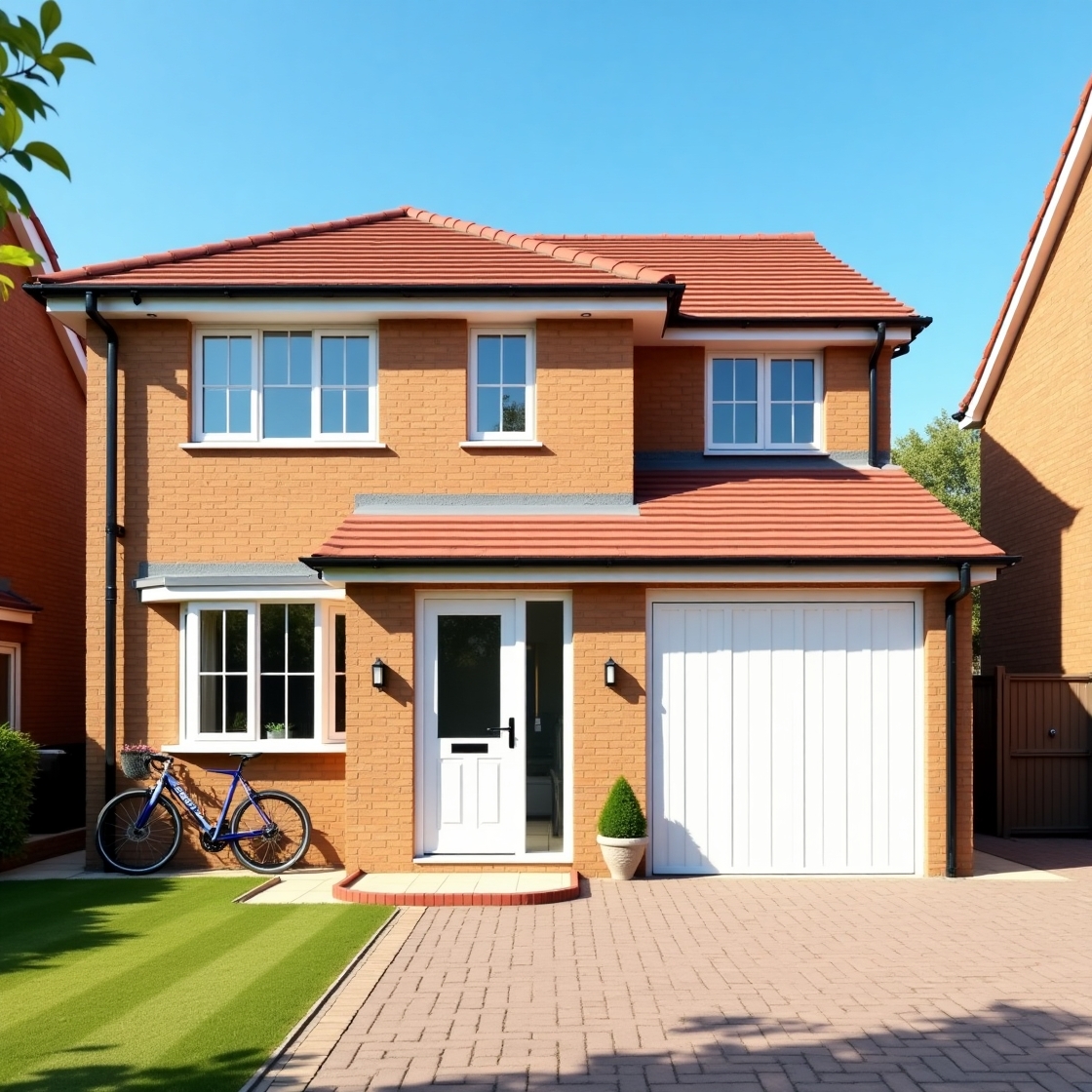 A two-story house with a white garage door and a white windows frame and white front door. 