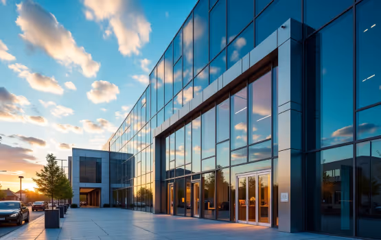  A modern commercial building with a glass facade reflecting the sky and clouds, featuring a large entrance and a pathway leading up to it.