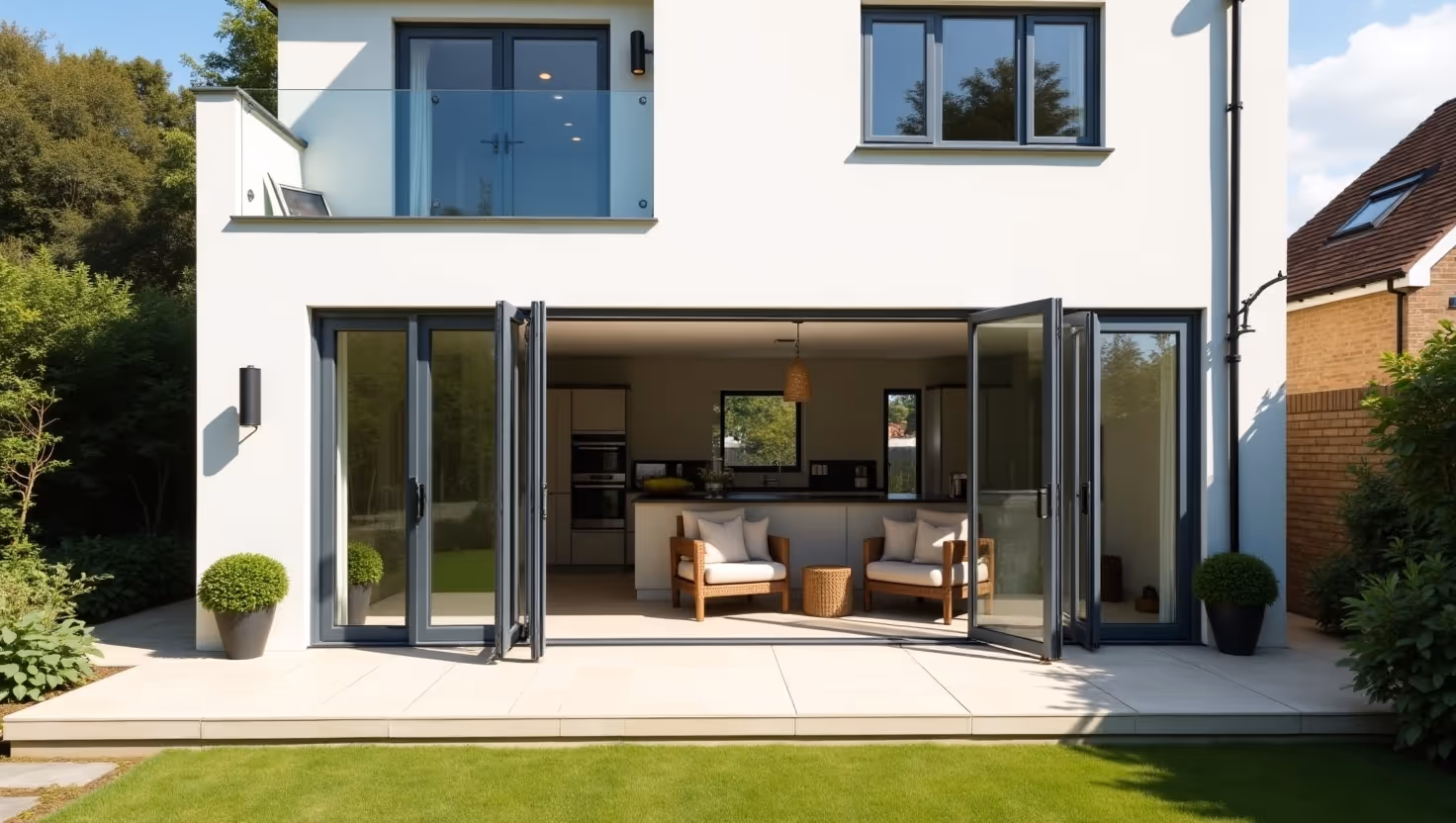  A set of dark-framed bifold doors with glass panels stands in front of a white wall.