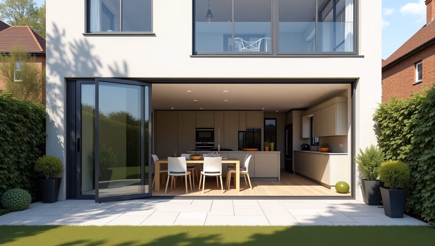 A set of modern, dark-framed sliding patio doors with glass panels stands closed.