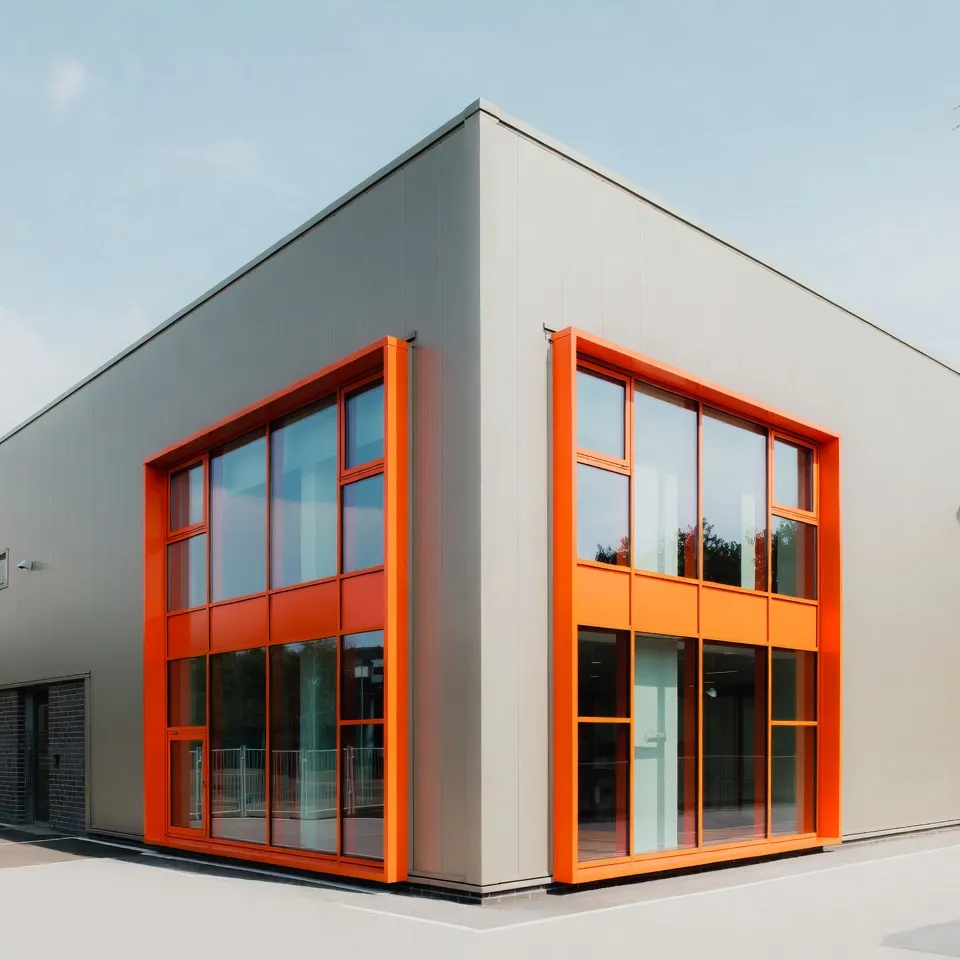  Office building with blue aluminium window frames.