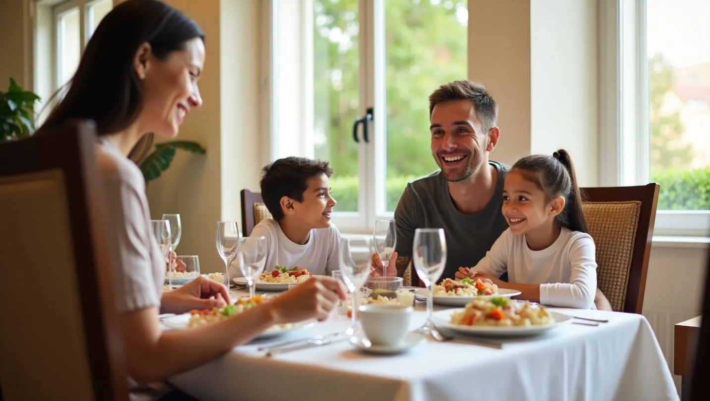 Family enjoying a meal in a dining room designed by a residential architect.