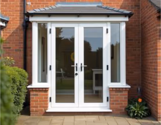 A glass double door with white frames, set in a red brick wall, opens to a garden with greenery and flowers.