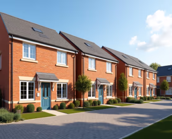 Row of new brick houses with white windows and teal doors, fronted by small trees and shrubs.