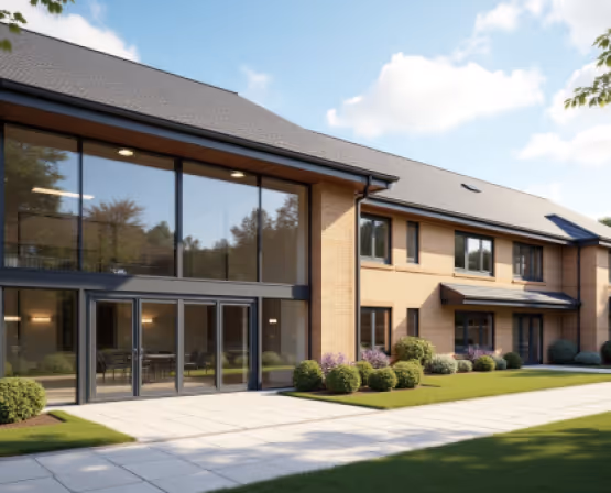 A large, modern building with a mix of light brown brickwork and extensive dark-framed glass curtain walls, set amidst a well-maintained lawn and bushes under a clear sky.
