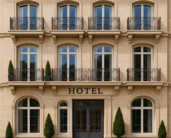 Cream hotel facade with arched windows and black balconies.