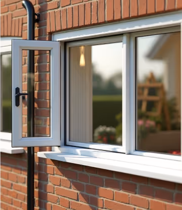  A close-up of a white UPVC casement window, featuring two opening sashes and a fixed upper pane.