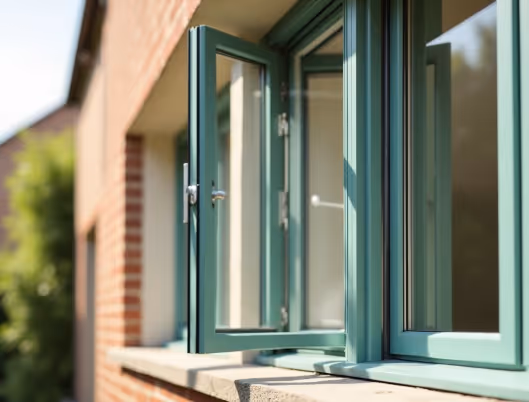 A brick building featuring wide green-framed windows, reflecting the outdoor environment with soft natural lighting.