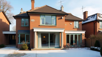 Two-storey red-brick house with large aluminium windows and patio doors, surrounded by a snow-covered garden.