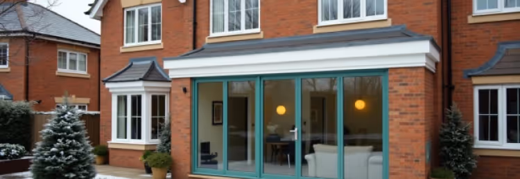 A red brick house with an orangery extension featuring large green-framed sliding glass doors.