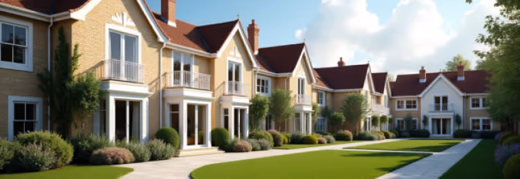  A row of modern, light-colored houses with red-tiled roofs and white trim, featuring balconies and bay windows, fronting a manicured green lawn.