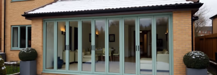  A set of light green bifold doors extending across the back of a brick house, revealing an interior living space.   Sources