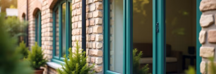A close-up of a light brick building with dark green window frames, a small evergreen plant in the foreground.