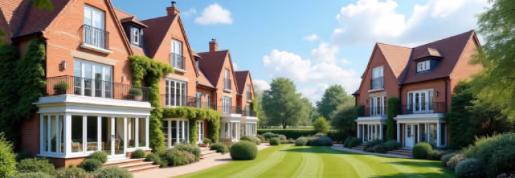 A row of elegant, red-brick townhouses with manicured lawns under a partly cloudy blue sky.