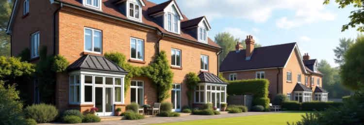  A stately brick house with multiple dormer windows and two bay windows, set on a green lawn with landscaped shrubs.