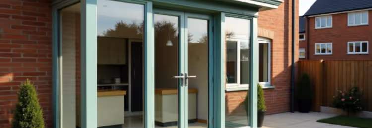  A close-up of light green framed patio doors and windows on a red brick house, showing an interior kitchen. 