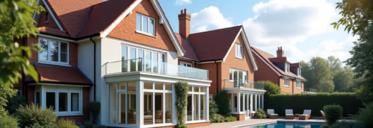  A luxurious red-brick house with a large conservatory and a glass-paneled balcony overlooking a swimming pool, with similar houses in the background.