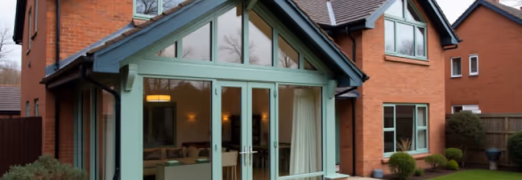 A house with red brick and light green window frames, featuring a large glass sunroom extension with a dark green roof. 
