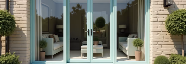  Light green-framed sliding patio doors, possibly Chartwell Green, offering a view into a living room with two sofas and a coffee table.