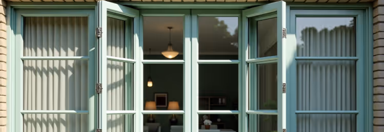 Close-up view of green-framed aluminium French windows fully opened, revealing a cosy, well-lit living room interior.