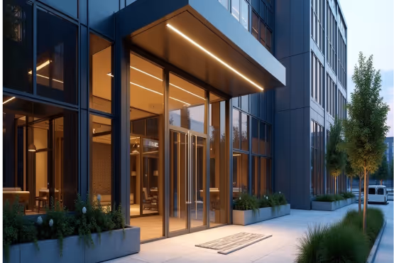 A modern building entrance with a large glass facade, a bright overhead light strip, and planters with greenery, under a twilight sky.