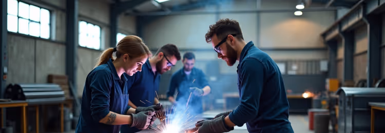  Four welders, two in the foreground working with sparks, and two blurred in the background, are in an industrial setting.