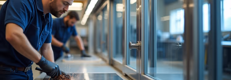  A factory worker in a blue shirt and black gloves grinds metal, producing sparks, with another worker in the background.