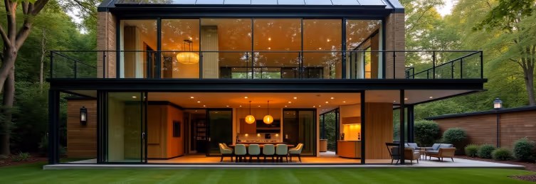 A modern multi-story house with extensive glass walls and an illuminated interior.