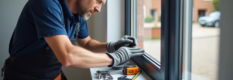  A man in work gloves is focused on repairing a window, with tools laid out beside him.