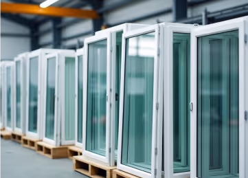 A row of newly manufactured windows with white frames and clear glass