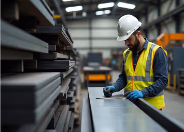 A worker in a hard hat and safety vest inspects a large sheet of metal in a warehouse.