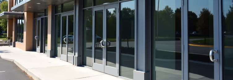 A modern building entrance with multiple glass doors and windows
