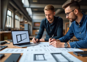 Two men are working together at a desk, with one pointing at design blueprints and a laptop displaying a window design.