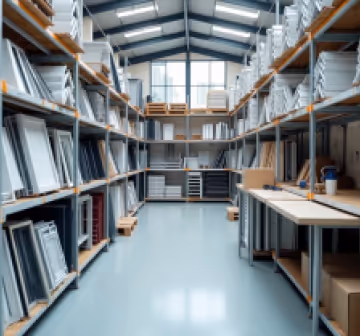 Interior of a window and door manufacturing warehouse with metal shelves filled with window frames and components.